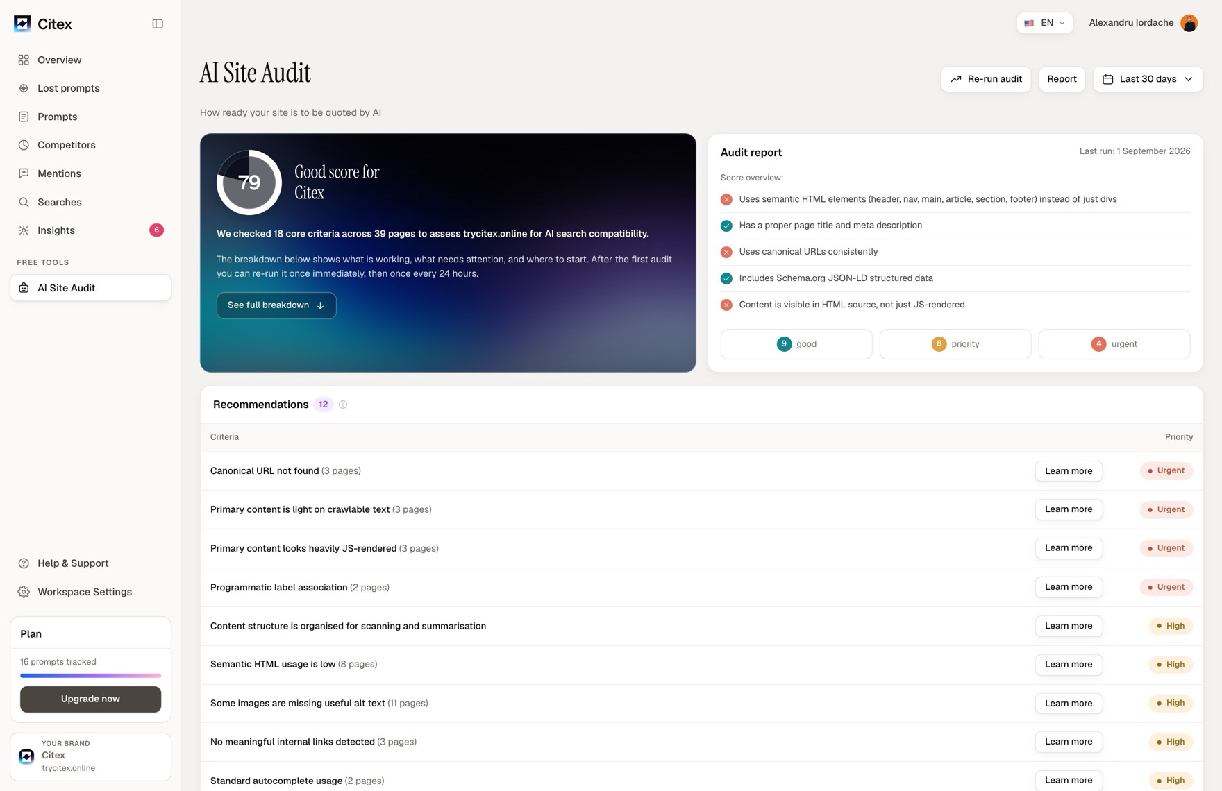 The Citex AI Site Audit: a score out of 100, the criteria checked and the recommendations ranked by priority