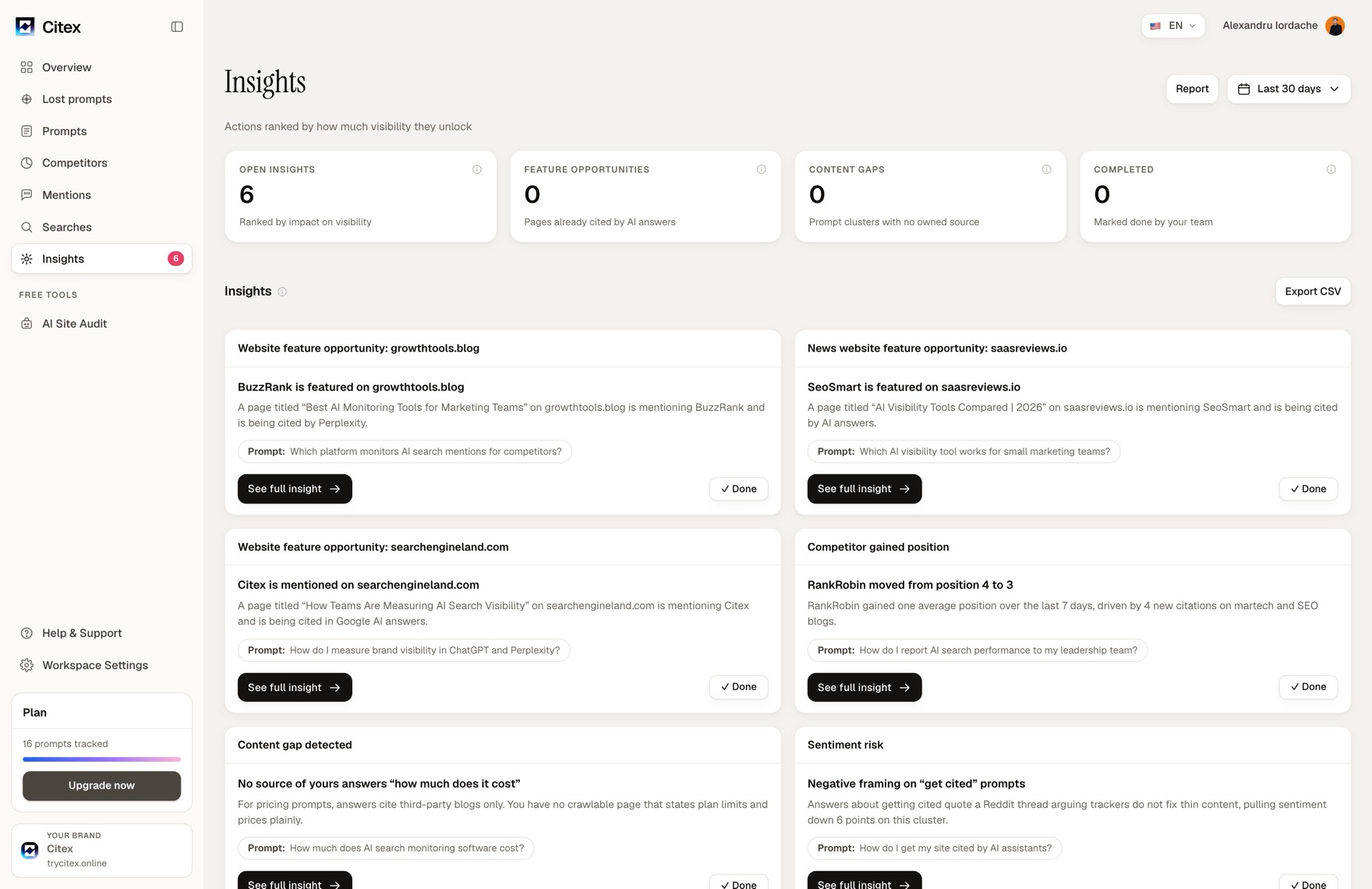 The Citex Insights view: open findings ranked by impact, each tied to the prompt and the page behind it